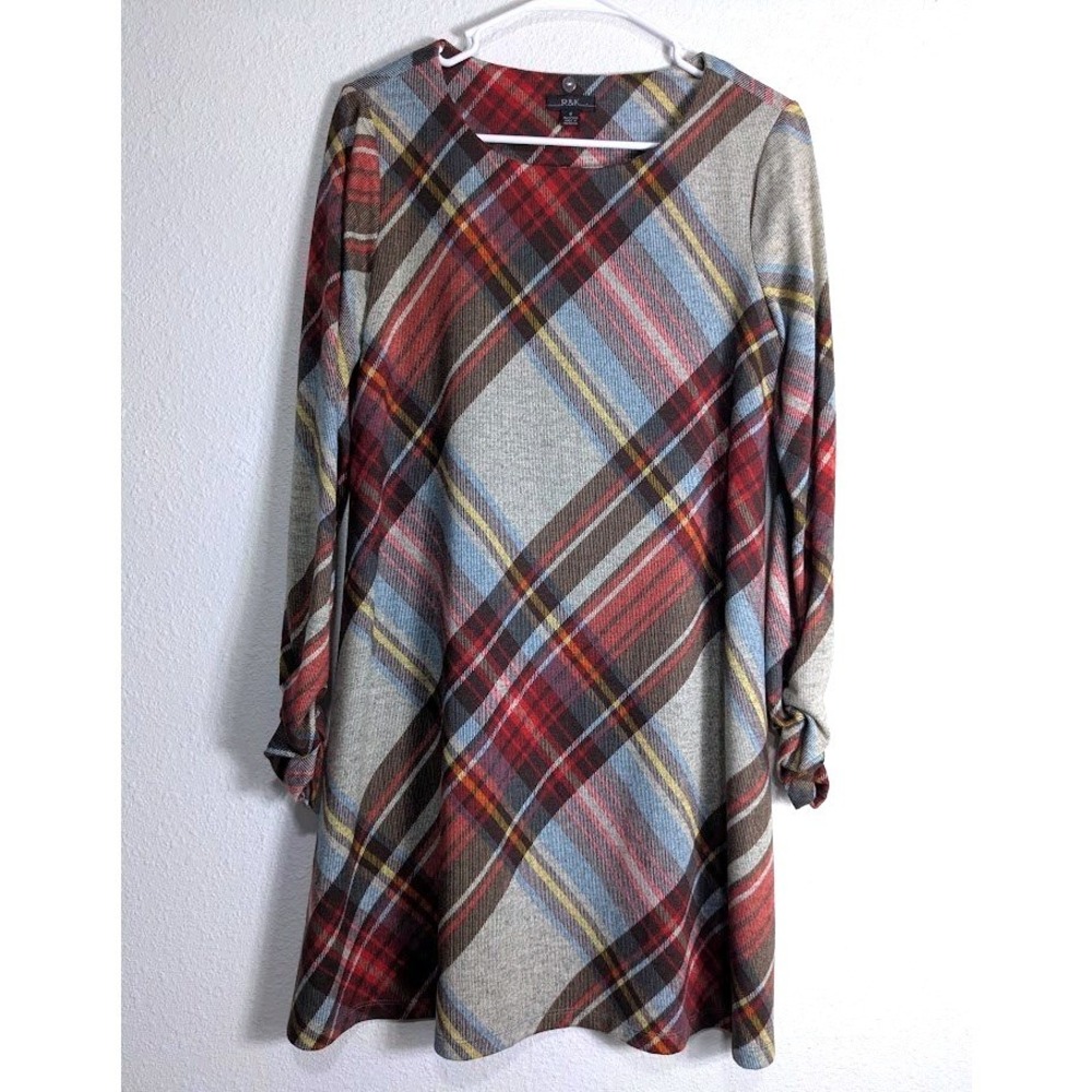 R&K Womens Red Blue Plaid Long Sleeve Knit Shift Dress Size 6 Round Neck